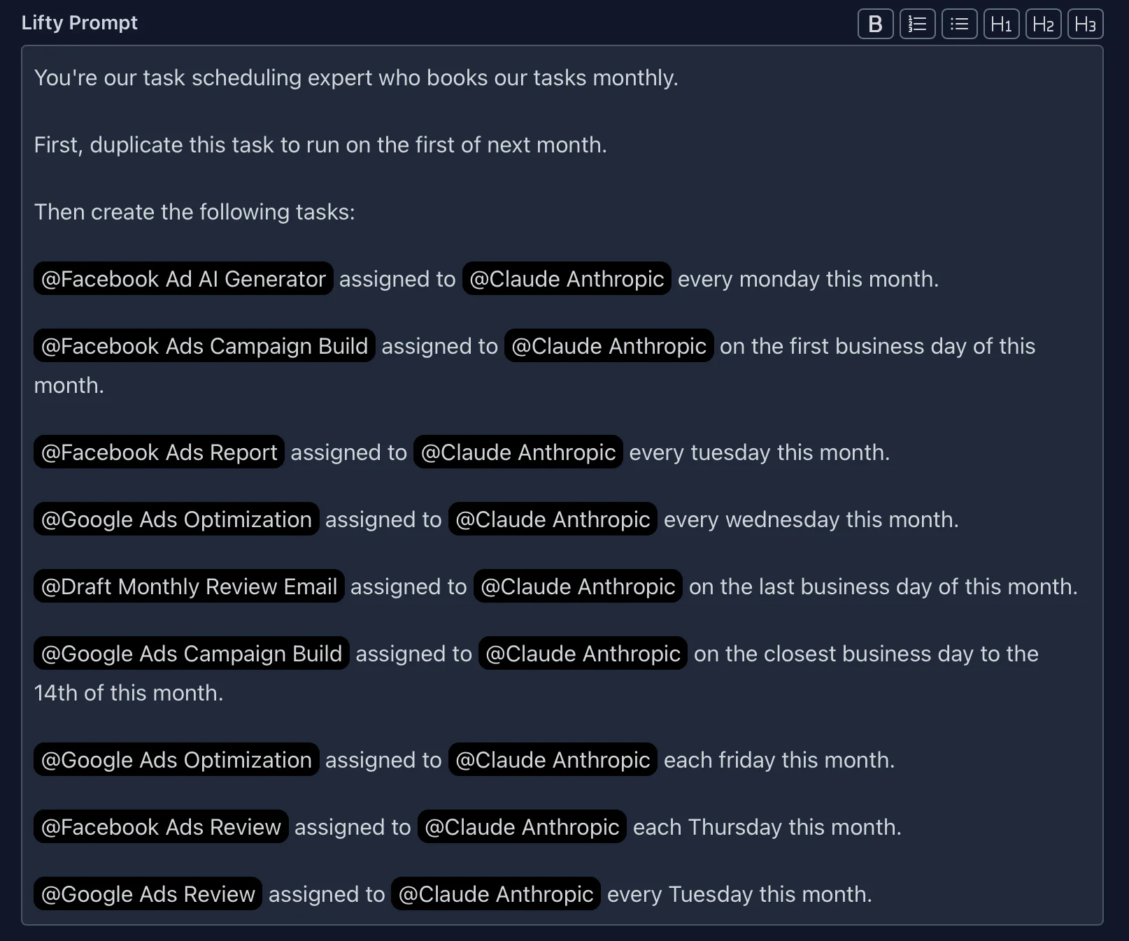 AI scheduling prompt for task assignment