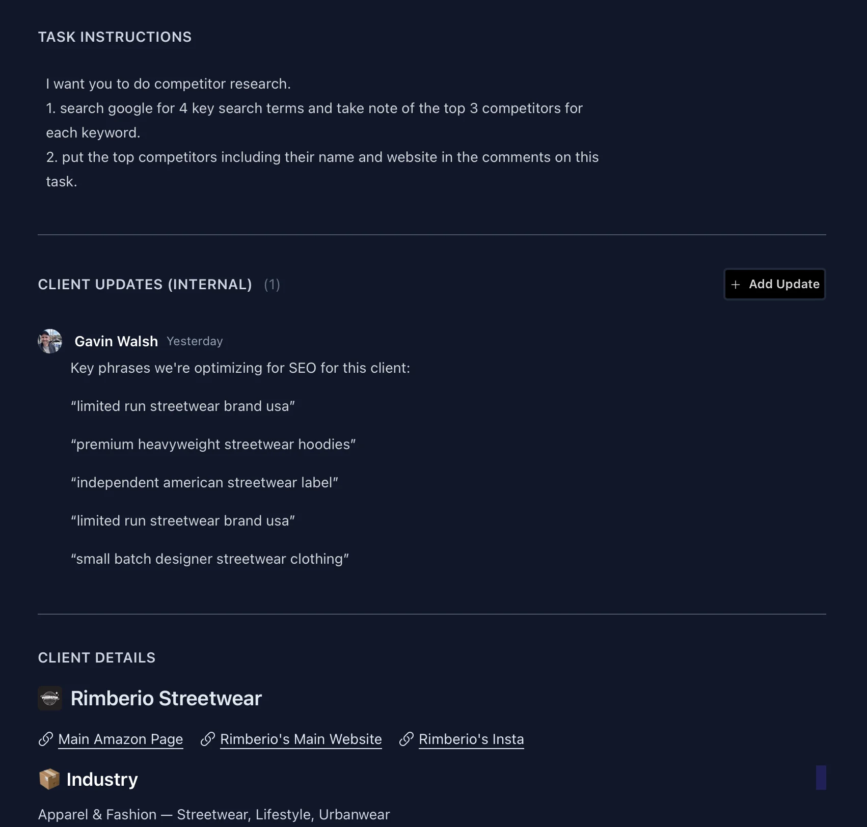 Task context with client details for AI