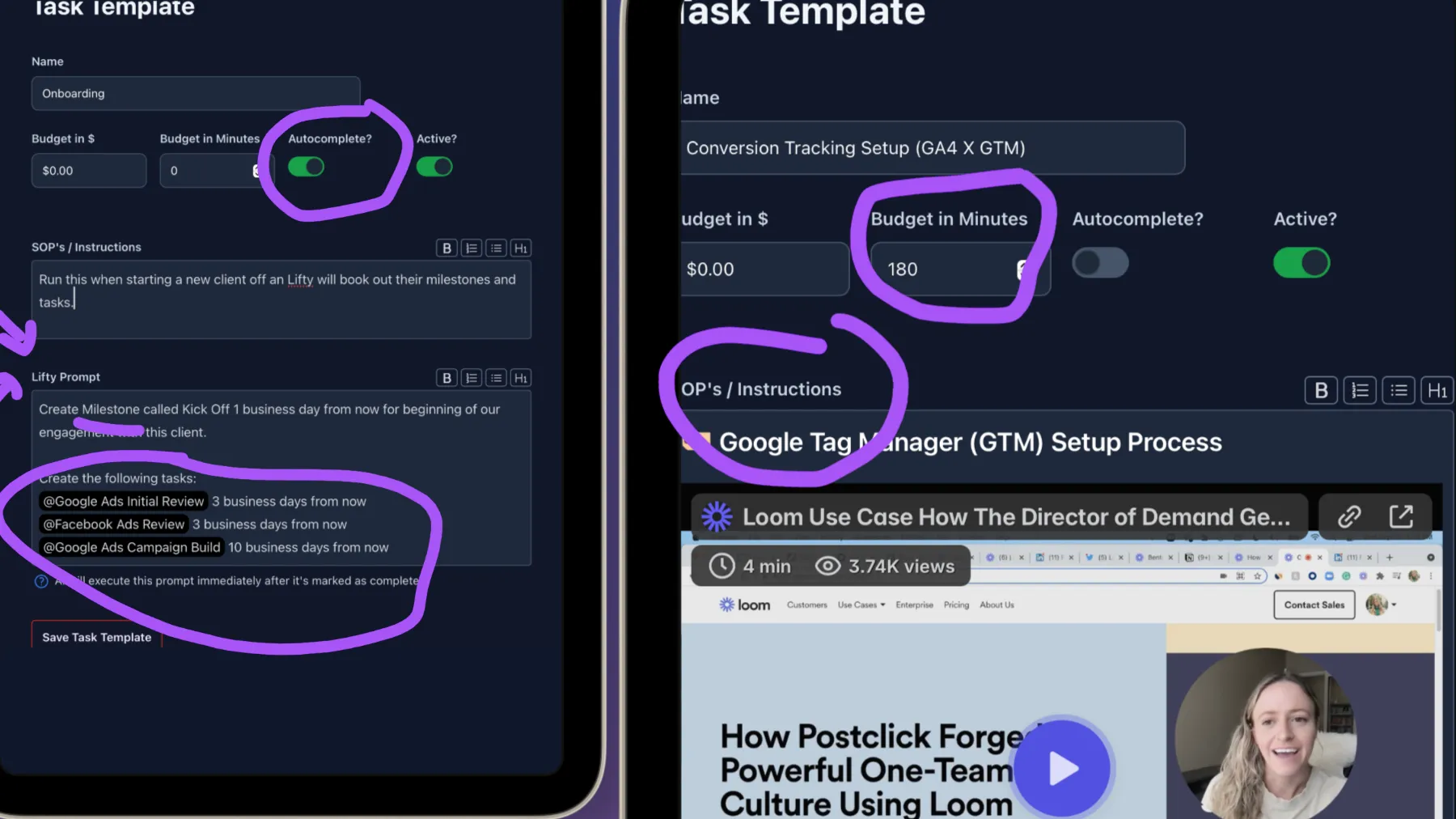 Task Template Interface - Design and customize task templates with time budgets and instructions